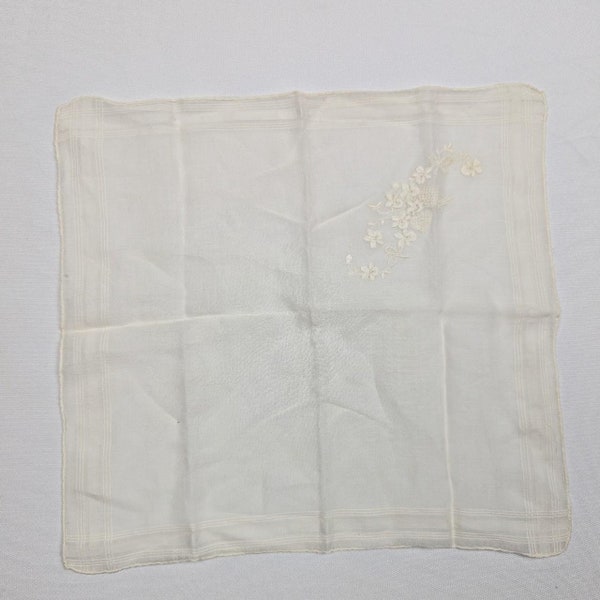 Vintage White on White Floral Embroidered Handkerchief