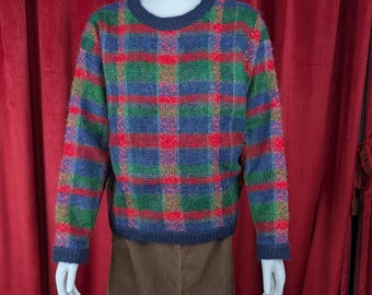Vintage 80's Orvis Navy Blue, Green, Red, Gray, & Pink Mohair and Wool Blend Knit Sweater