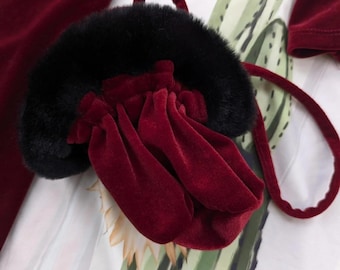 Vintage 90's Kathie Lee Collection Red Velvet Black Faux Fur Trim Crossbody Mini Satchel Purse