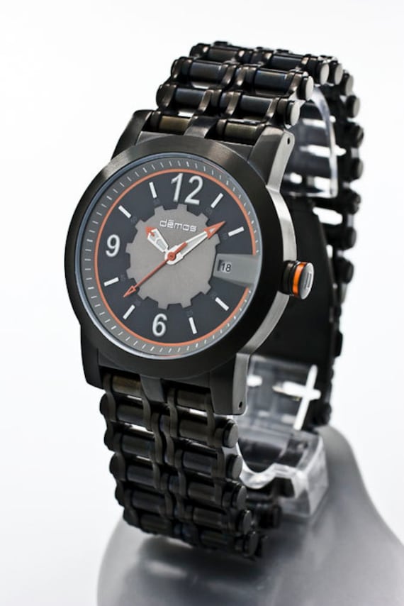 Mayans FX & Sons of Anarchy style - Motorcycle CHAIN Watch / Bikers wristwatch - Black IP Steel Bracelet with Black / Orange Demos Watch