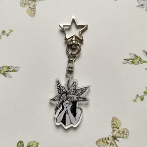 Biblically accurate angel acrylic charm, seraphim keyring, gothic monochrome winged angelic anime girl keychain, silver clasp