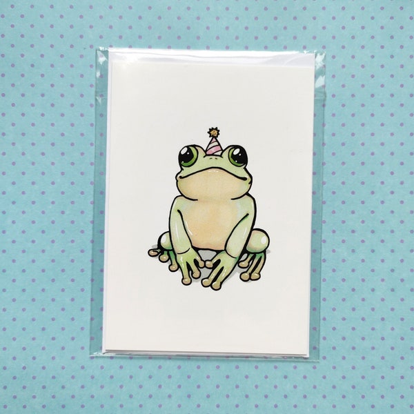 Cute frog generic greetings card, polite party hat green froggy,