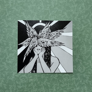 biblically accurate corrupted angel anime girl, ophanim, cherubim, gothic art print, unframed monochrome manga