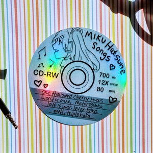 Miku Hatsune vocaloid synthlåtar CD handgjord holografisk vinylklistermärke, World is Mine, Triple Baka, Love is war, melt,