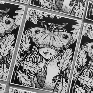 Gothic monochrome moth anime girl vinyl sticker, 10cm waterproof laptop decal, scrapbook, journal, hawkmoth, occult