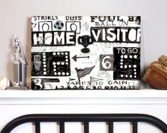 Sports Wall Art Scoreboard Decor - Black and White Home Visitor Scoreboard Rough Game Collection for boys, teens and nursery.