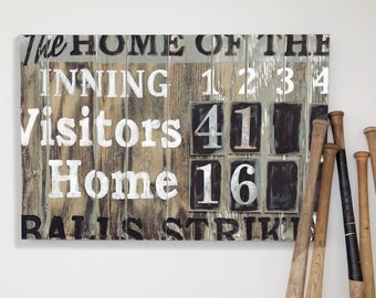 Baseball Wall Art - Baseball Scoreboard Art - Baseball Back Then -  rustic, wood look sports decor in print poster and stretched canvas