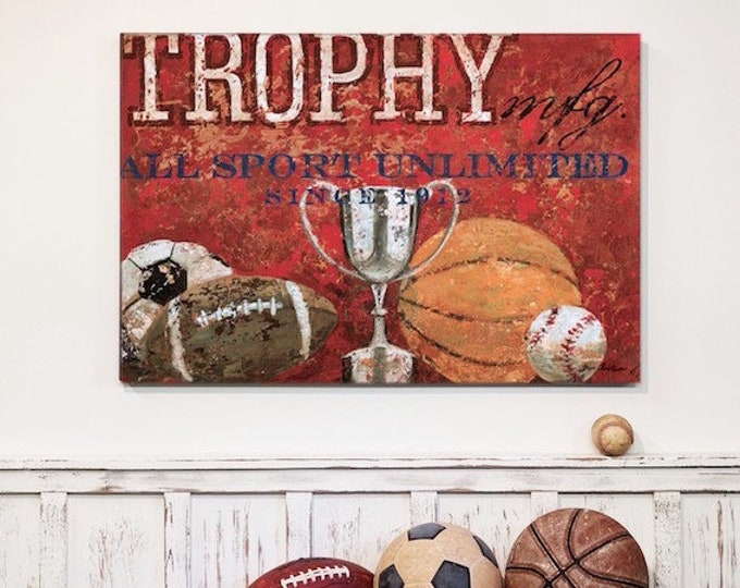 Sports Wall Art, Sports Decor for Boys Rooms, Nursery Sports Art, Decorations - Trophy MFG.  Baseball Basketball Football Soccer and Trophy