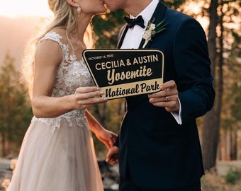 Custom Yosemite National Park Sign for Weddings, Engagements and Eloping - 4 LINES engraved for your special day.