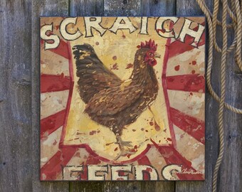 Farmhouse Wall Art "Chicken Scratch Feed" by Aaron Christensen- Perfect decor in lodge, rustic, southwest, country, farmhouse interiors