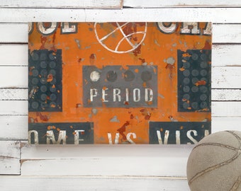 Vintage Basketball Scoreboard in Orange Wall Art Decor- by Aaron Christensen.  Basketball Player, BBall, Score Board Boys Rooms Man Cave