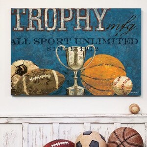Vintage Sports Trophy Mfg Wall Art by Aaron Christensen- featuring Baseball Basketball Football Soccer and Trophy