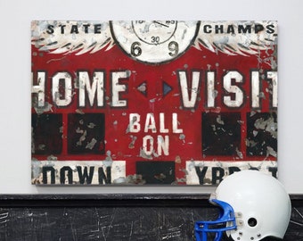 Football Scoreboard Sports Wall Art decor in Red by Aaron Christensen.  Football Game boys rooms  man caves Football & NFL fans.