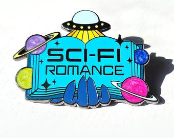 May include: A blue enamel pin with a book, planets, and stars. The book is open and says "Sci-Fi Romance" on the cover.