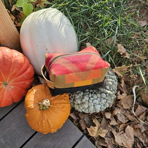 May include: An assortment of pumpkins and gourds in various shapes and colors, including orange, white, and blue-green. A small, patterned zippered pouch rests on top of a textured gourd. The scene is set outdoors with grass and fallen leaves.