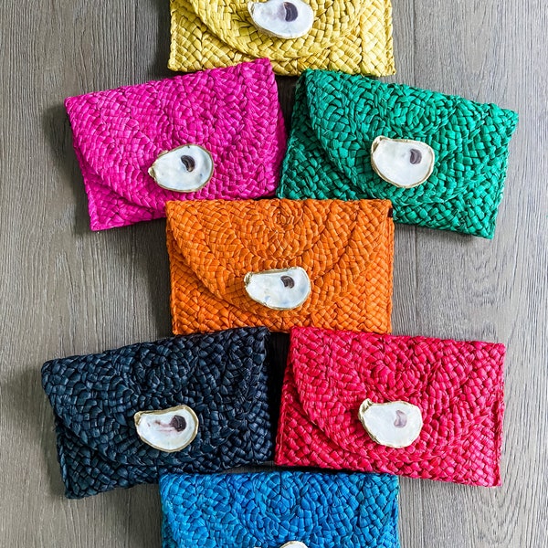 Multi-Colored Oyster Shell Clutch, Handbag, Coastal, Straw Clutch, Bridesmaid Gift, Boho, Charleston