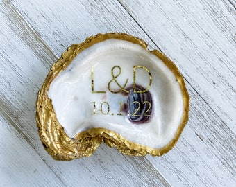 Personalized Oyster Shell with Initials and Wedding Date in Block Font - wedding gift, bridal gift, anniversary gift