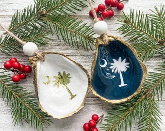 Palmetto Tree Oyster Shell Ornament, South Carolina, Christmas Ornament, Coastal Decor, Handcrafted, Christmas Gifts