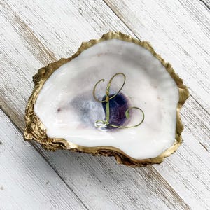Gold or Silver Monogrammed Oyster Shell Jewelry Dish with Script Initial, Ring Dish, Hostess Gift, Bridesmaid Gift, Personalized Gift
