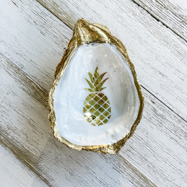 Golden Pineapple Oyster Shell Jewelry Dish / Ring Dish, Trinket Dish, Coastal Decor, Hostess Gift, Charleston, SC