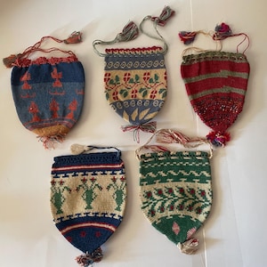 Group of Antique Ottoman Turkish Hand knitted Pouch Coin Purses 5 pieces
