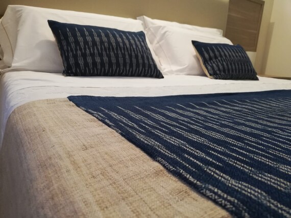 Bed Runner Two Matching Pillows Laotian Indigo Handloom Etsy