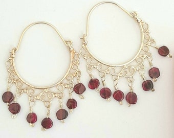 Silver Garnet Gypsy Hoop Earrings