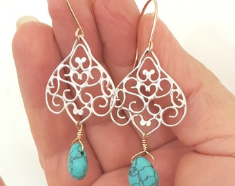 Boho Turquoise Silver Filigree Earrings - Bohemian Gifts