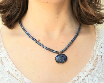 Gorgeous Lapis Lazuli Pendant Necklace in Blue and Indigo - Bold Beaded Necklace