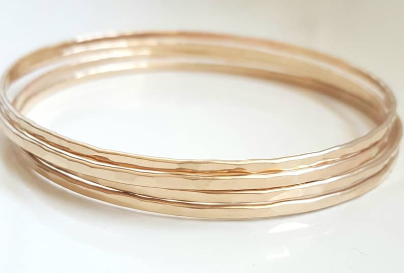 Set of 7 Hammered Bangles 14k Gold Filled Gold Stack Bracelet Set image 8