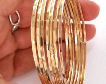 Bracelets 14k Gold Filled Hammered or Smooth Bracelets set of 7  Minimal Layering - Great For Small Wrists - Simple Classic Everyday Jewelry