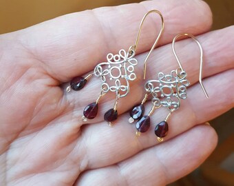 Red Garnet Drop Earrings - Filigree Earrings - Post or Dangle