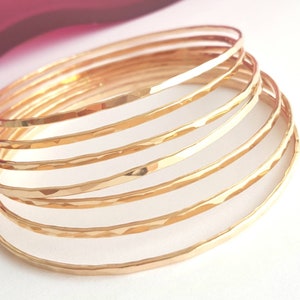 Set of 7 Hammered Bangles 14k Gold Filled Gold Stack Bracelet Set image 1