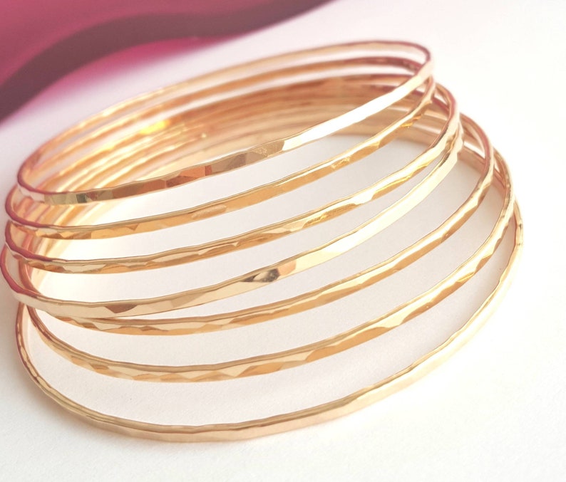 Set of 7 Hammered Bangles 14k Gold Filled Gold Stack Bracelet Set image 1