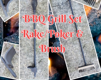 Deluxe BBQ Grill Implement Set-Briquet Rake/Poker & Grill Brush, Custom Length 18-26"**Free Shipping**