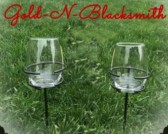 Picnic Style-STEMLESS Wine Glass Holder**4 Outdoor Wine Glasses-Blacksmith Made-glass-Wine accessories**Free Shipping**