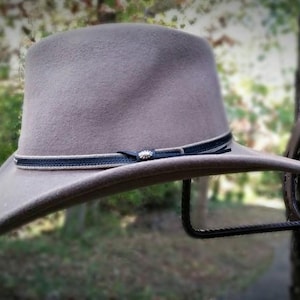 May include: A brown felt cowboy hat with a black leather band and a silver buckle is hanging on a black metal horseshoe hat rack.