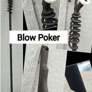 May include: Black metal blow poker with a white ring at the end of the curved nozzle. The poker has a spiral design and the text "Blow Poker" is displayed in a white rectangle.