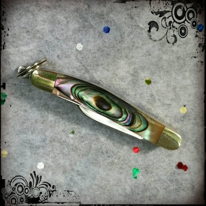 Sale**3 Bladed Miniature Pocket Knife Charm 1&quot; Abalone Handle,Pendant for a Necklace // gift for her // unique jewelry //**Free Shipping**