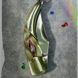SALE***Miniature Pocket Knife Charm 1&quot; Abalone Tear Drop Handle,Pendant for a Necklace // gift for her // unique jewelry **Free Shipping**