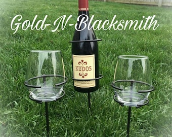 Picnic Style-STEMLESS Wine Glass Holder**2 Outdoor Wine Glass & 1 Wine Bottle Holder-Blacksmith Made-glass-Wine accessories**Free Shipping**