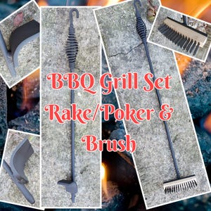 Deluxe BBQ Grill Implement Set-Briquet Rake/Poker & Grill Brush, Custom Length 18-26&quot;**Free Shipping**
