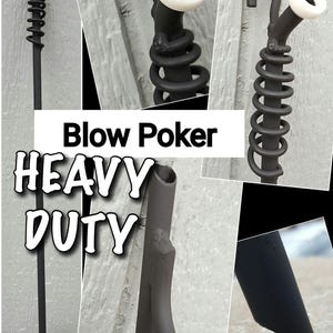 May include: Black metal blow poker with a white ring at the end of the nozzle. The poker has a coiled section and a curved handle. The text "Blow Poker" and "Heavy Duty" are displayed in white.