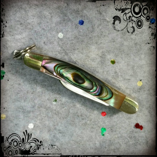 Sale**3 Bladed Miniature Pocket Knife Charm 1" Abalone Handle,Pendant for a Necklace // gift for her // unique jewelry //**Free Shipping**