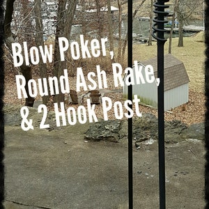 Blow Poke, Round Ash Rake & 2 Hook Hanger, Blacksmith made, Ornate, Camping, Fire Pit Access,Fire Poker, Blow Pipe, BBQ Pit**Free Shipping**