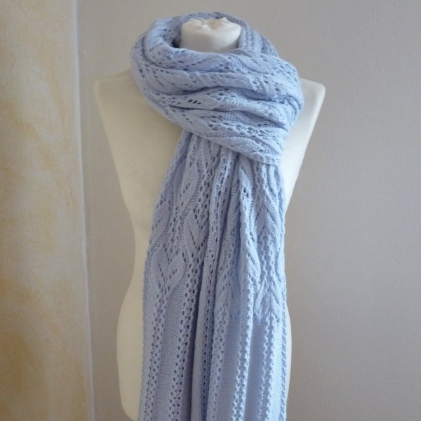 Lace hand knitted scarf, Light blue lace scarf, Lace pattern.