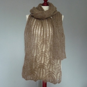 Hand knitted lace scarf, Knitted  lace scarf in  beige; pale brown with white shades