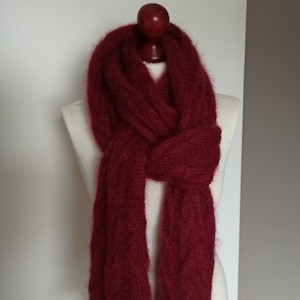 Hand knitted scarf, Bordeaux mohair cable design scarf