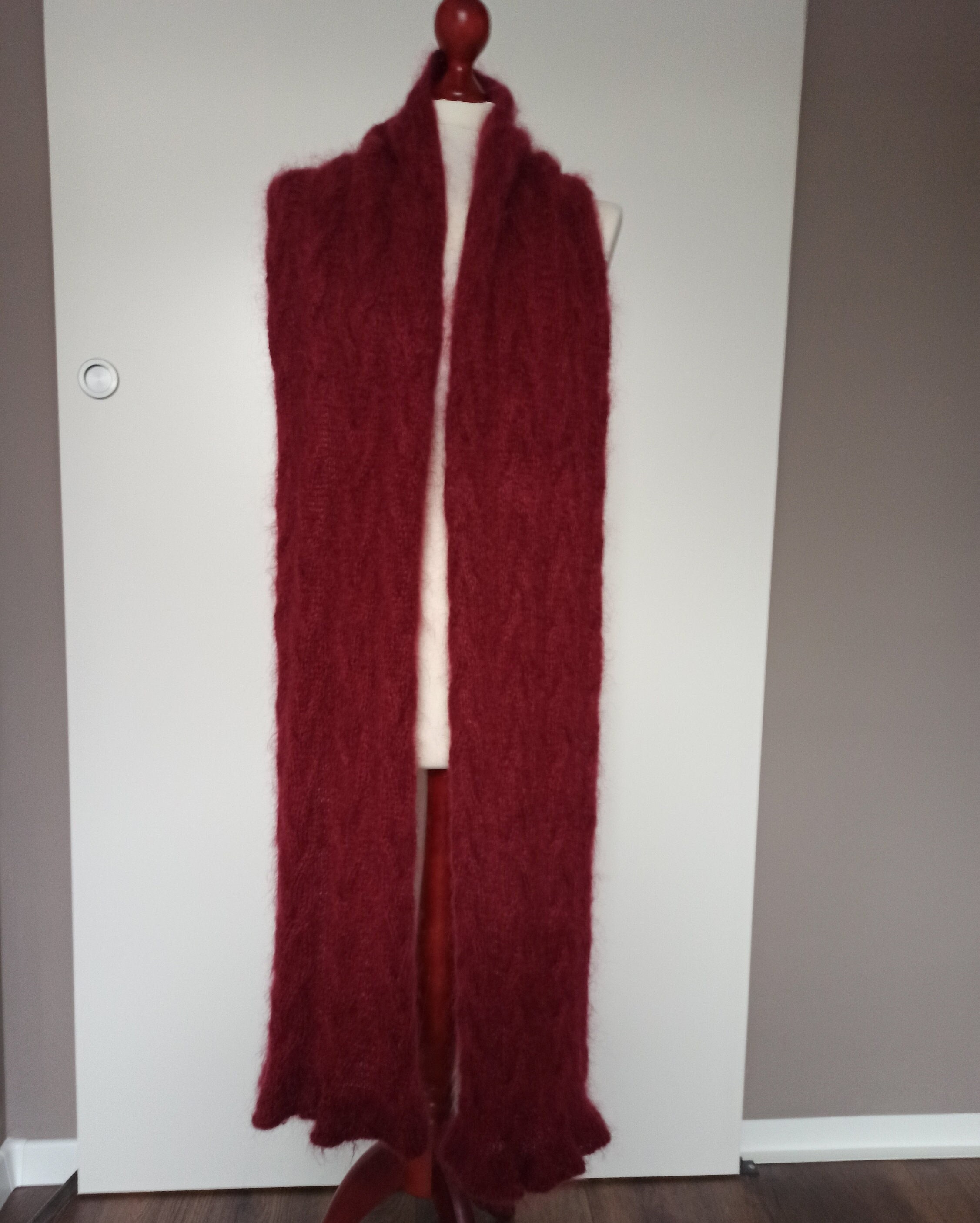 スカーフ Bordeaux Knitted Mohair Wool Scarf Bordeaux Alpaca Wool Scarf, Cherry Red Chunky Knit Long