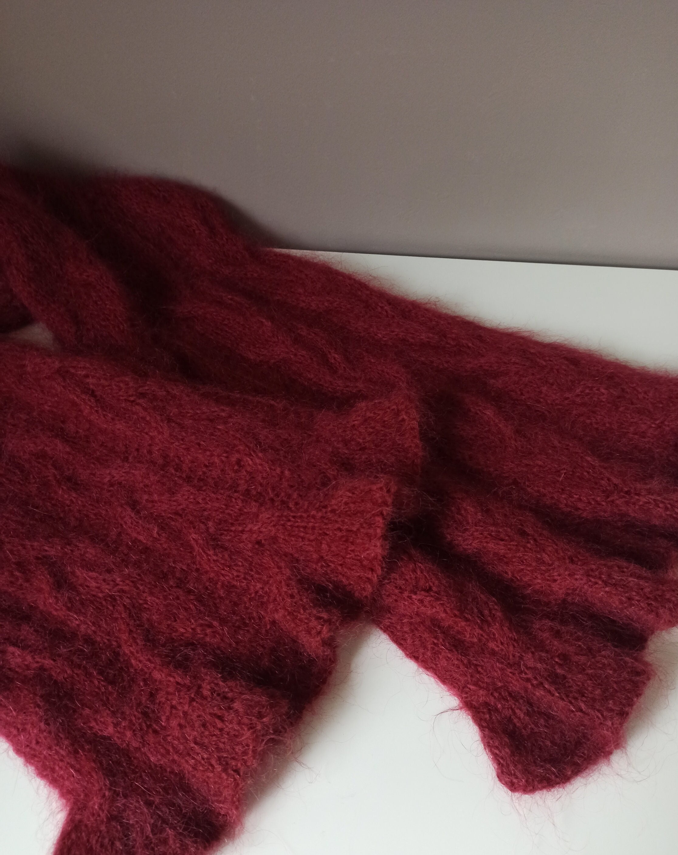 スカーフ Bordeaux Knitted Mohair Wool Scarf Bordeaux Alpaca Wool Scarf, Cherry Red Chunky Knit Long